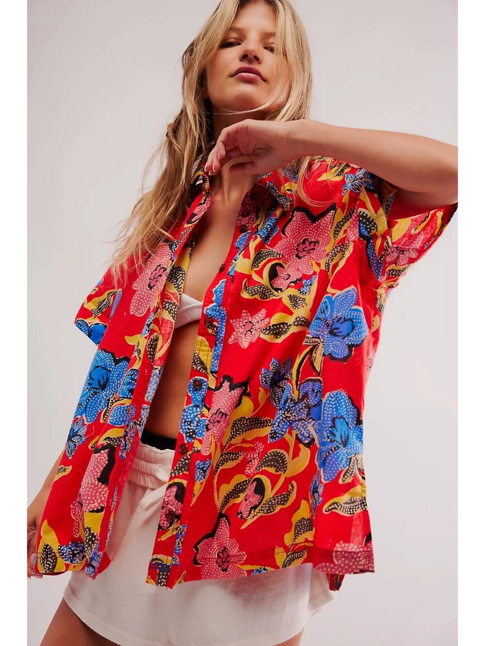 Free People Oversized Floral Tropical Retro Tropics Palm Dad Shirt Top Red XL